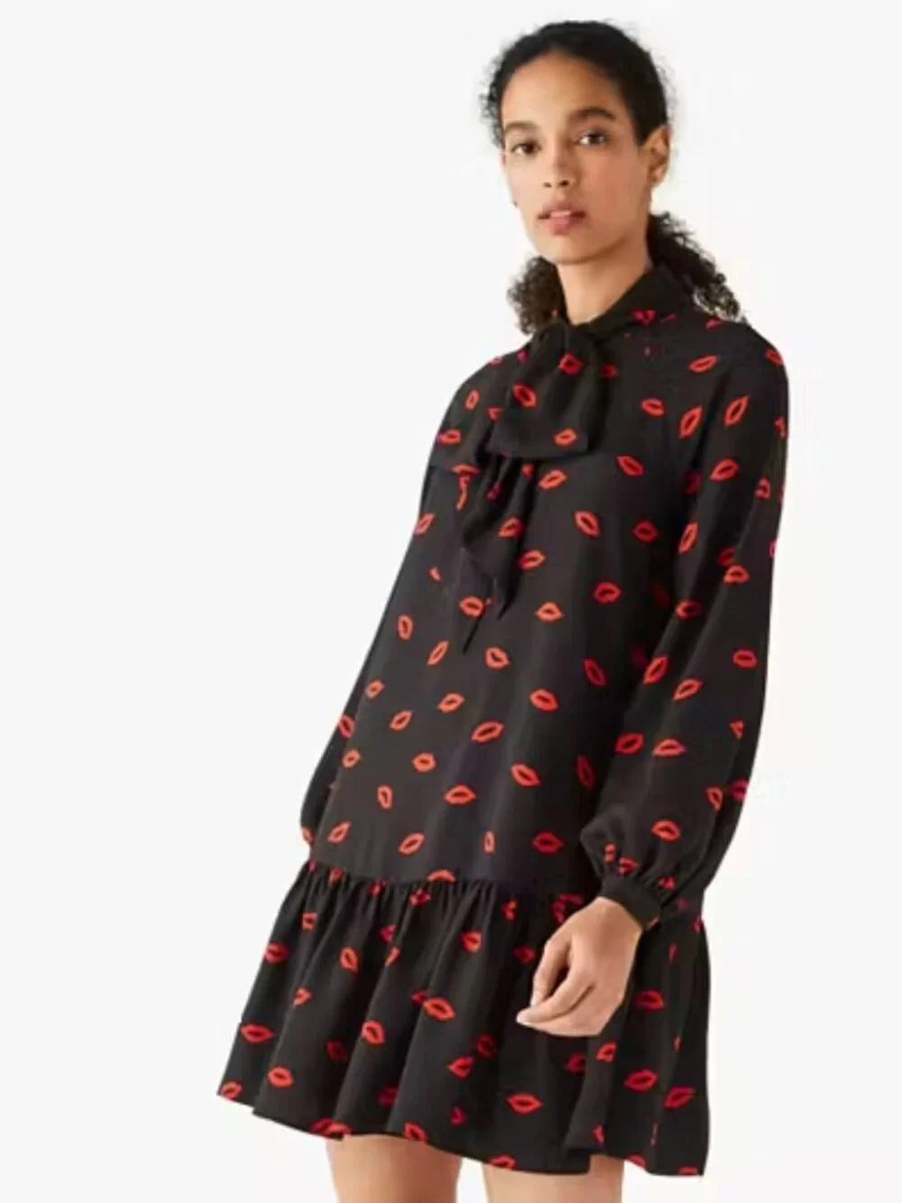 Kate Spade Kisses Lips Tie Neck Shift Dress Mini Long Sleeve Crepe Black Medium